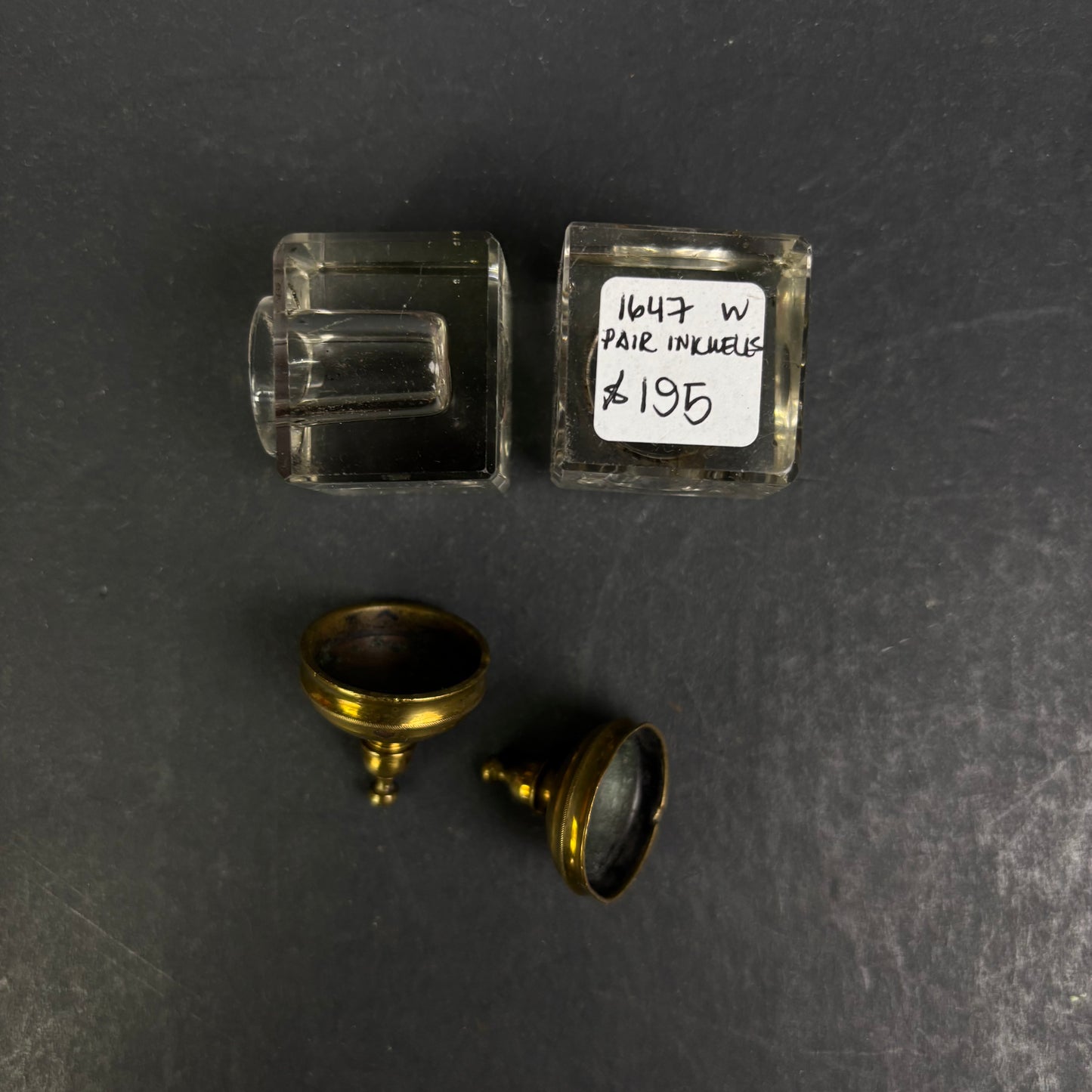 Pair of Art Deco Glass & Brass Inkwells, c.1925–1940