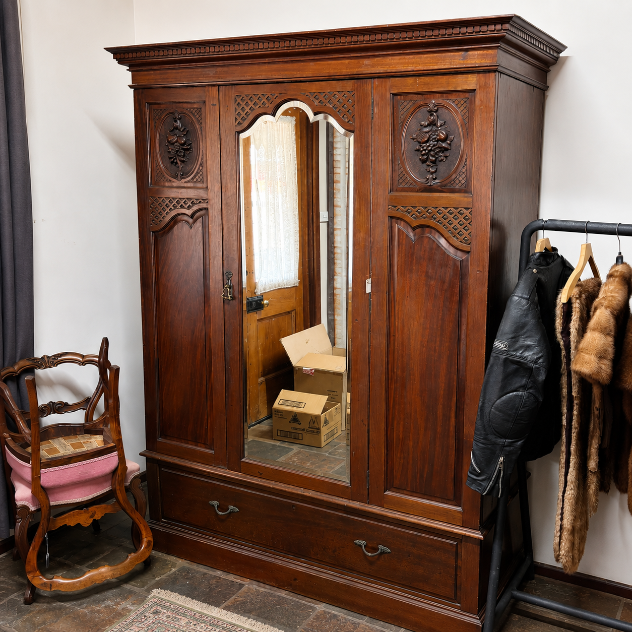 Large Antique French Walnut Triple Wardrobe with Mirror & Drawer – Knock Down