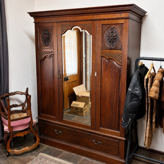 Large Antique French Walnut Triple Wardrobe with Mirror & Drawer – Knock Down
