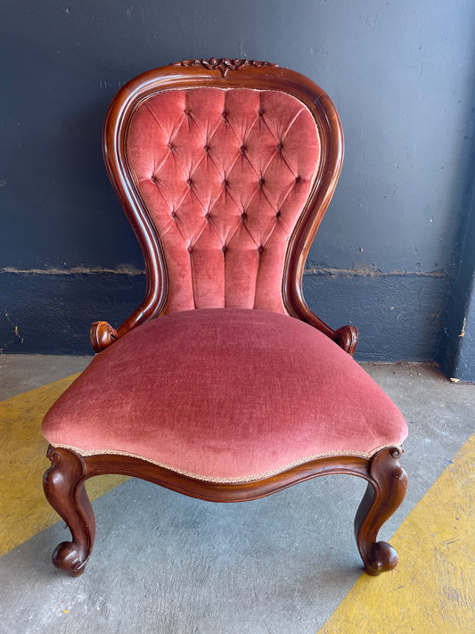 Victorian Mahogany Deep Button Back Pink velvet nursing chair