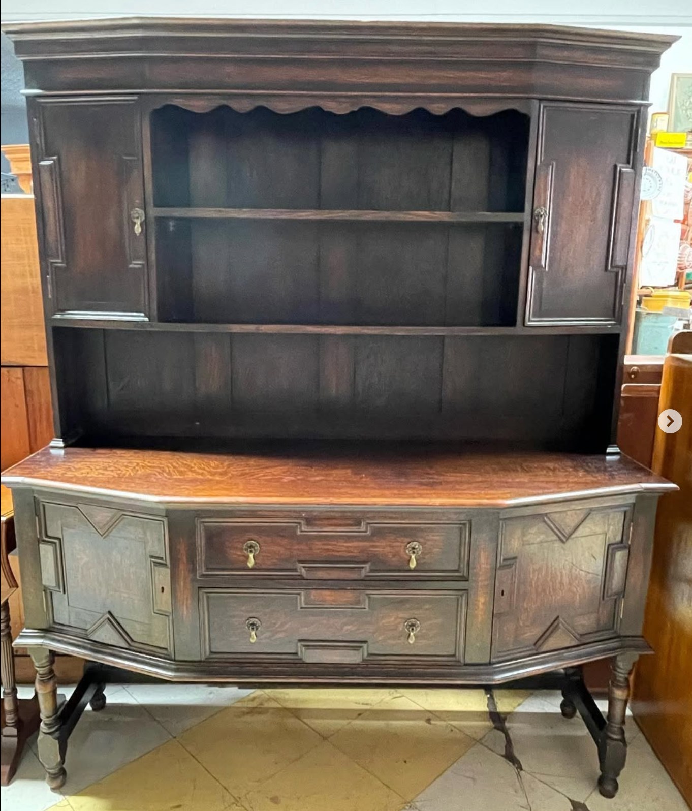 Vintage Dark Oak Dresser – Tudor Revival Hutch