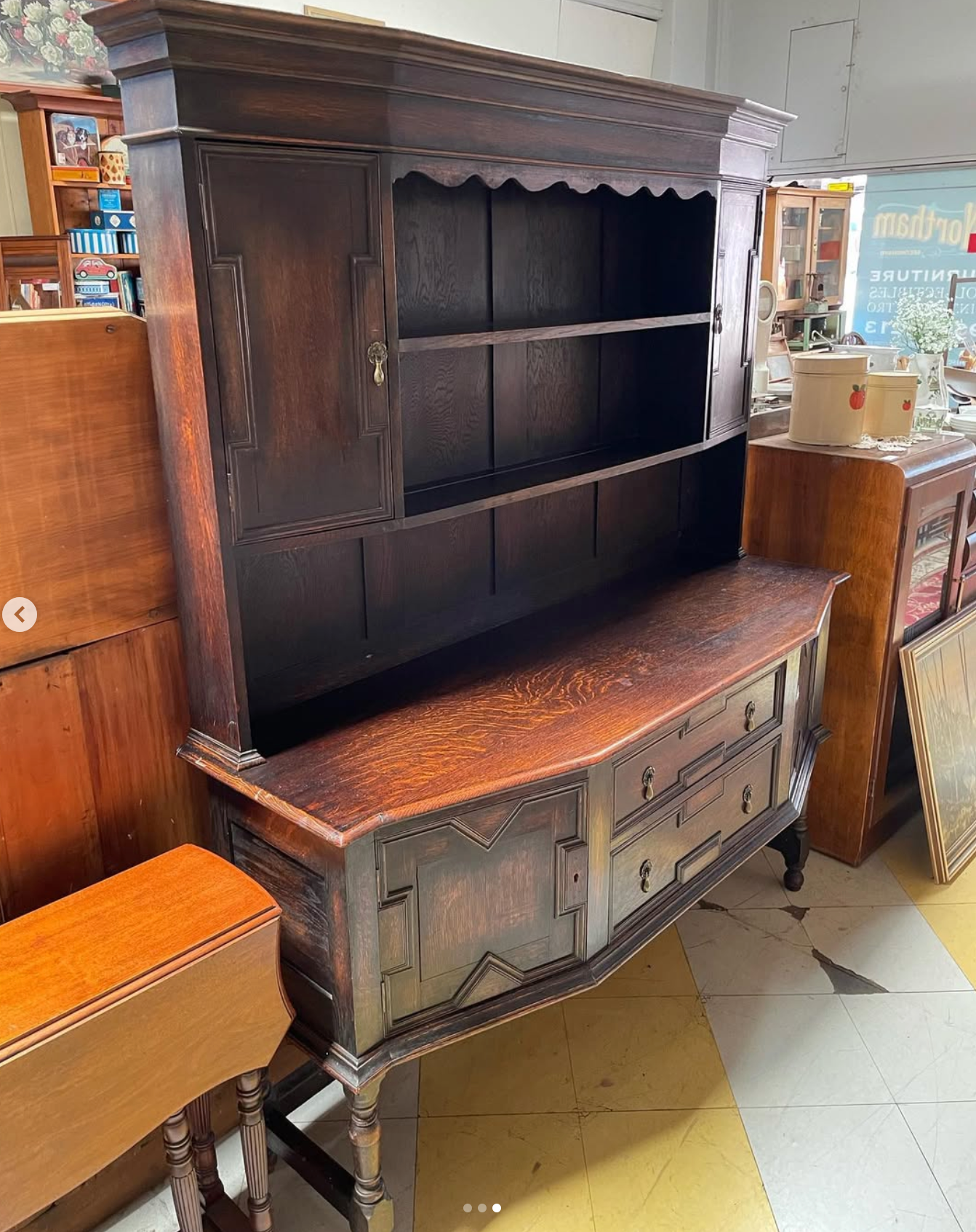 Vintage Dark Oak Dresser – Tudor Revival Hutch