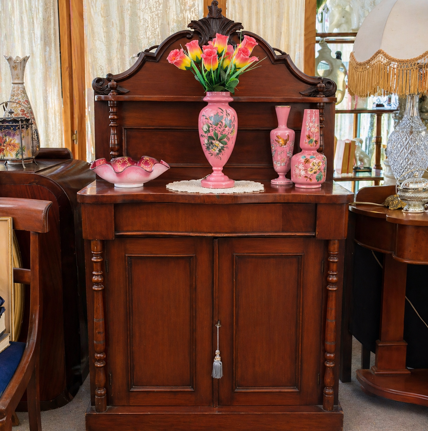 Victorian Cedar Chiffonier with Carved Back & Turned Columns c1880
