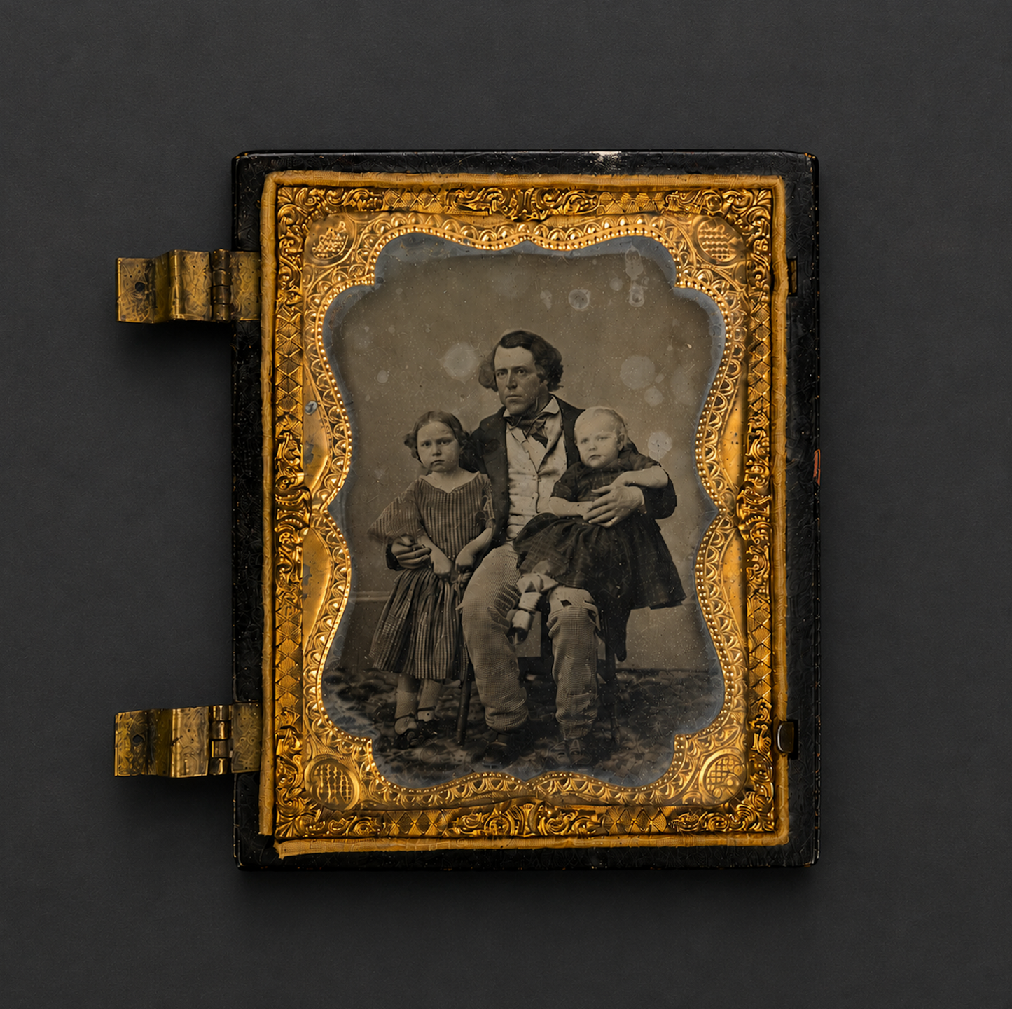 Victorian Union Case Sixth-Plate Ambrotype – Gentleman with Two Children c.1855–1865