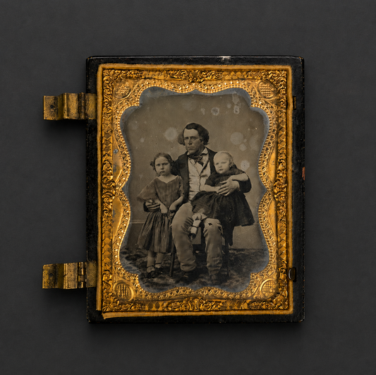 Victorian Union Case Sixth-Plate Ambrotype – Gentleman with Two Children c.1855–1865