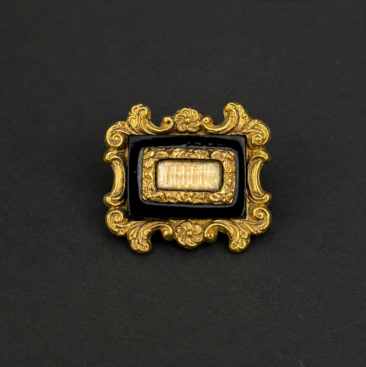 Georgian Mourning Brooch Black Enamel Hairwork Gilt Brass Memorial Pin c.1820–1840