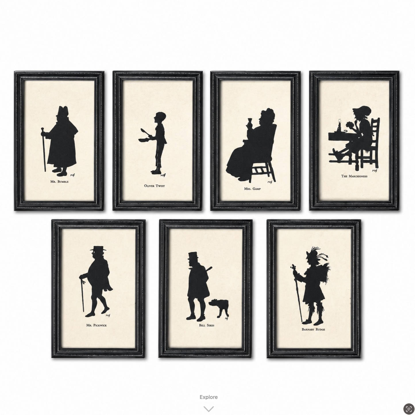 Set of 7 Vintage Charles Dickens Character Silhouettes – Framed Prints – Kyd Style