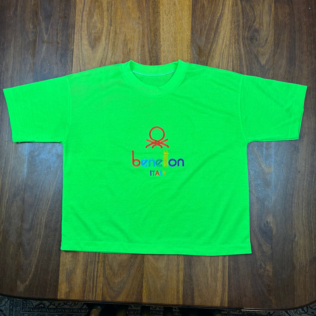 Vintage Benetton Italy Fluoro Green Embroidered T-Shirt front