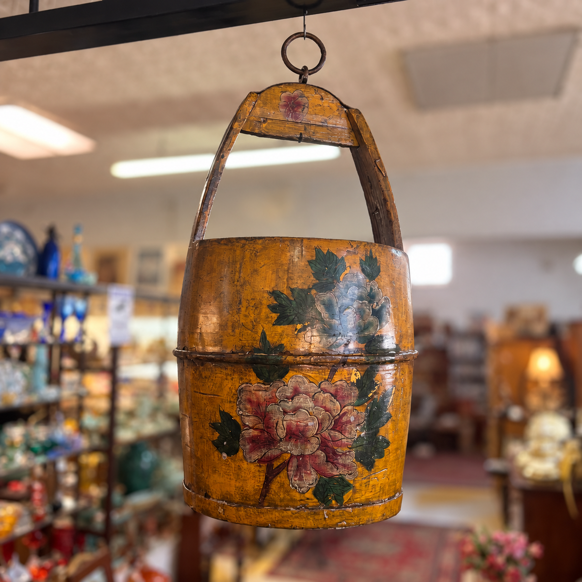 Antique Chinese painted wooden wedding basket with floral decoration