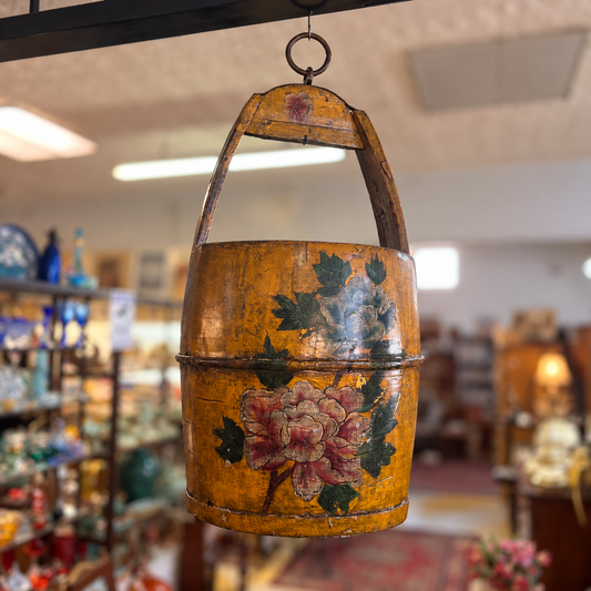 Antique Chinese painted wooden wedding basket with floral decoration