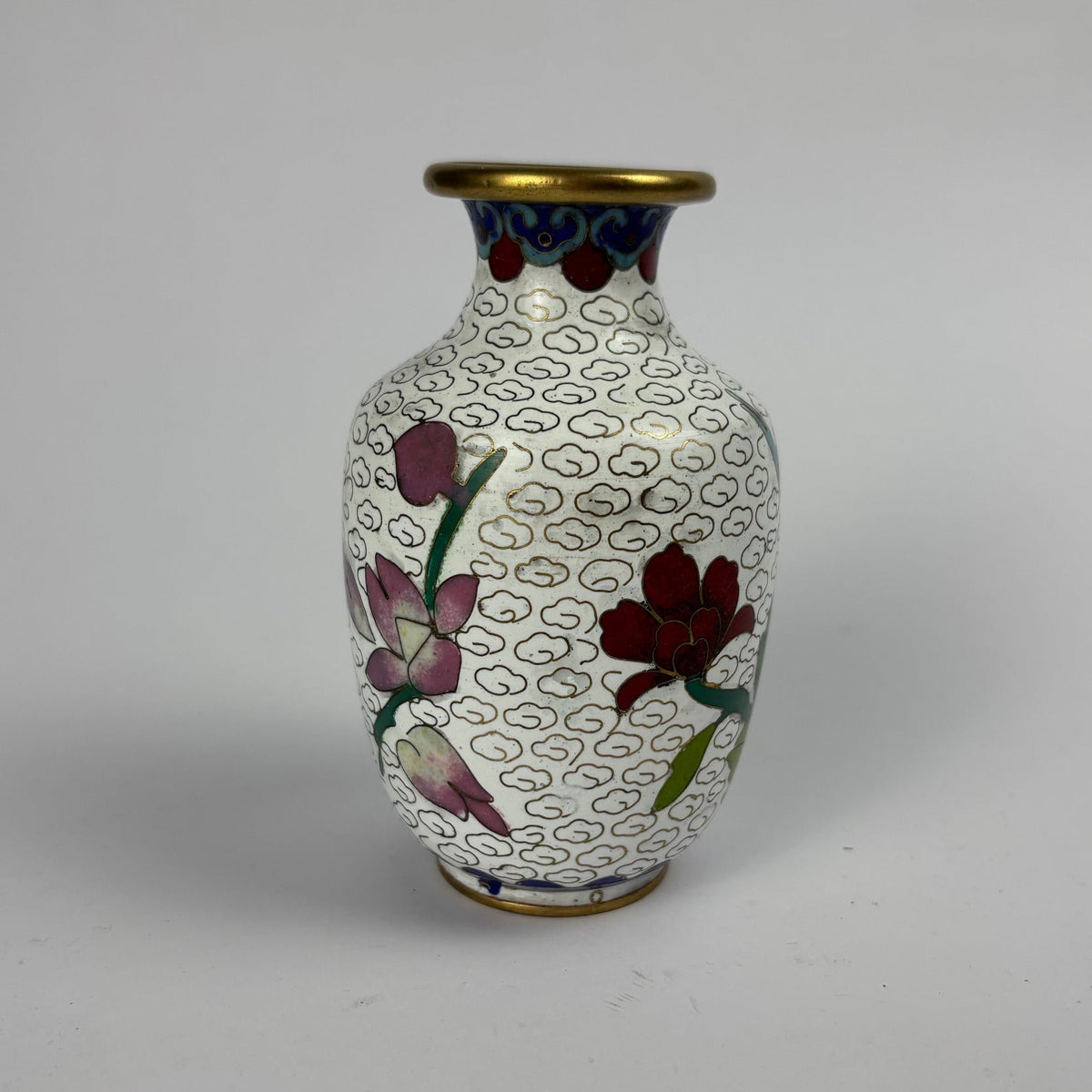White-ground floral cloisonné vase with brass rim