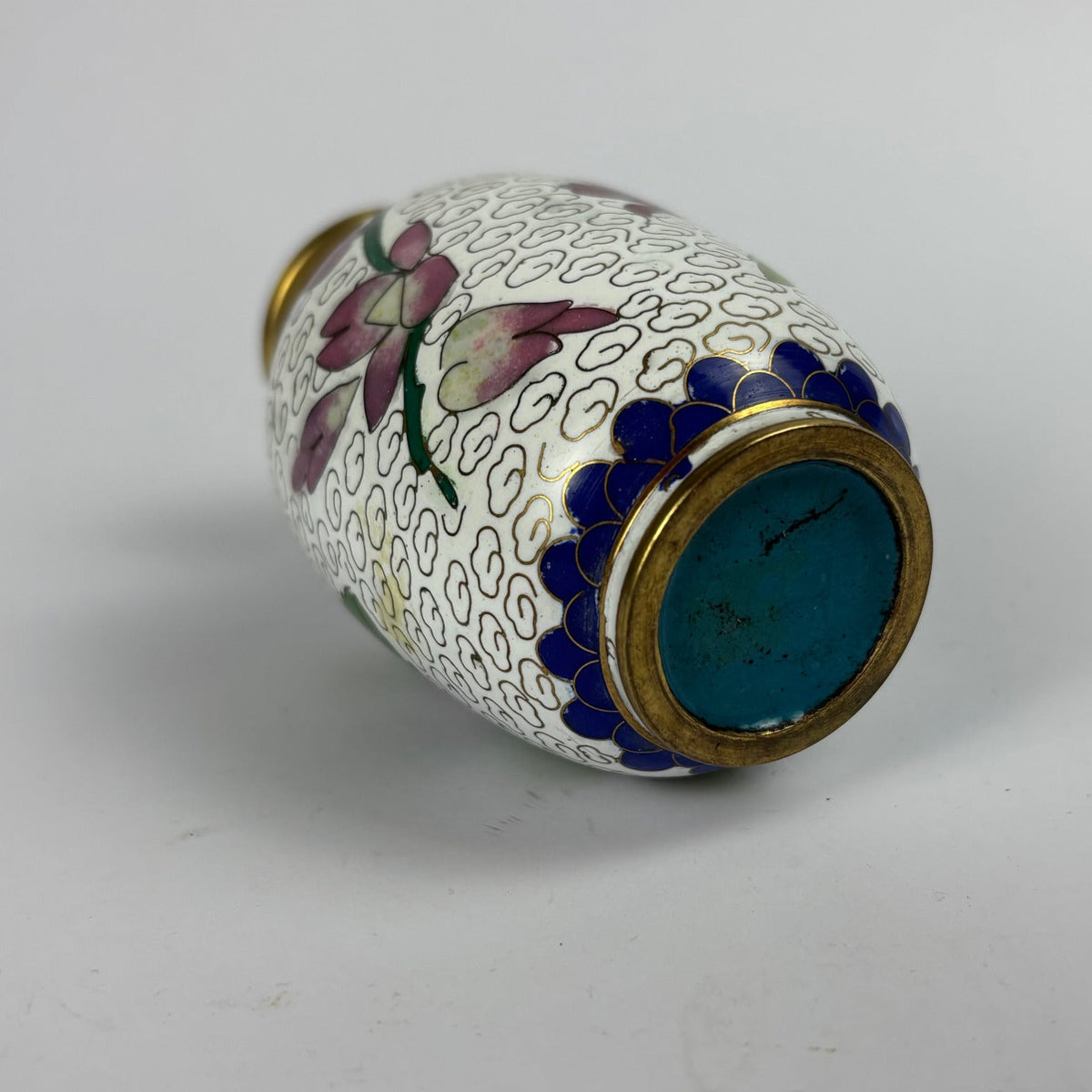 White-ground floral cloisonné vase with brass rim