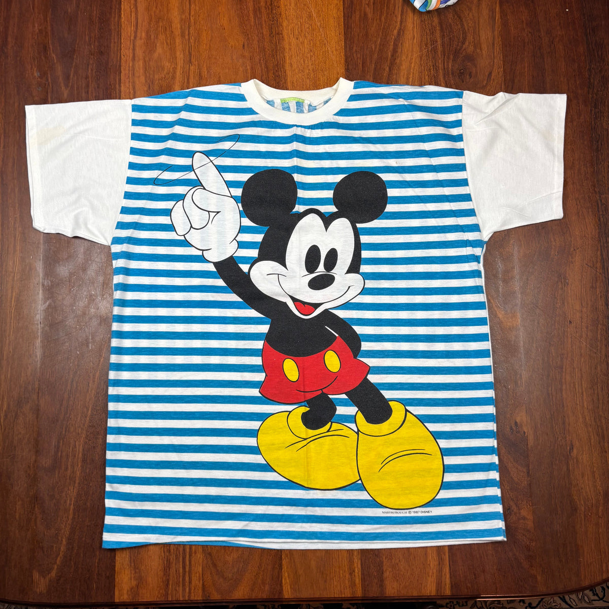 Vintage 1987 Disney Mickey & Minnie Blue Stripe All-Over T-Shirt front