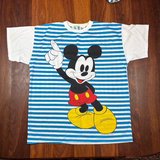 Vintage 1987 Disney Mickey & Minnie Blue Stripe All-Over T-Shirt front