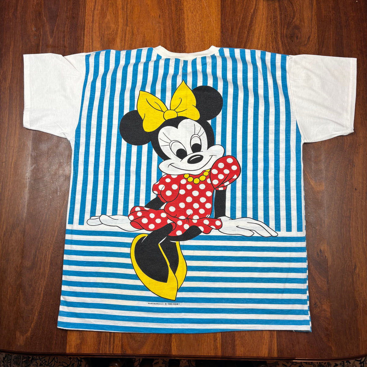 Vintage 1987 Disney Mickey & Minnie Blue Stripe All-Over T-Shirt back