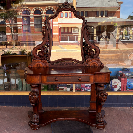 Victorian Gothic Revival Mahogany Dressing Table Console Mirror Carved Antique