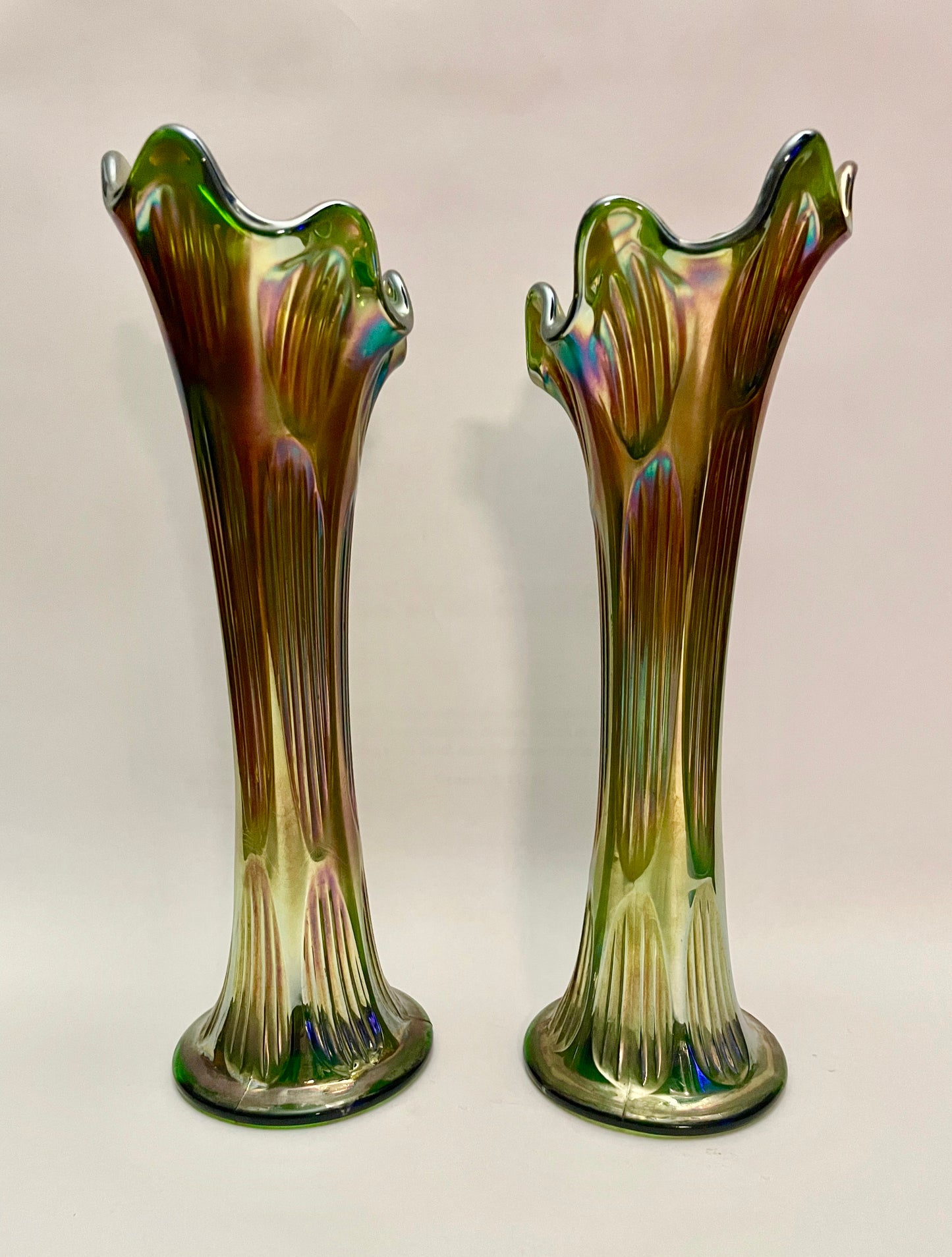 Pair of Green Carnival Glass Vases