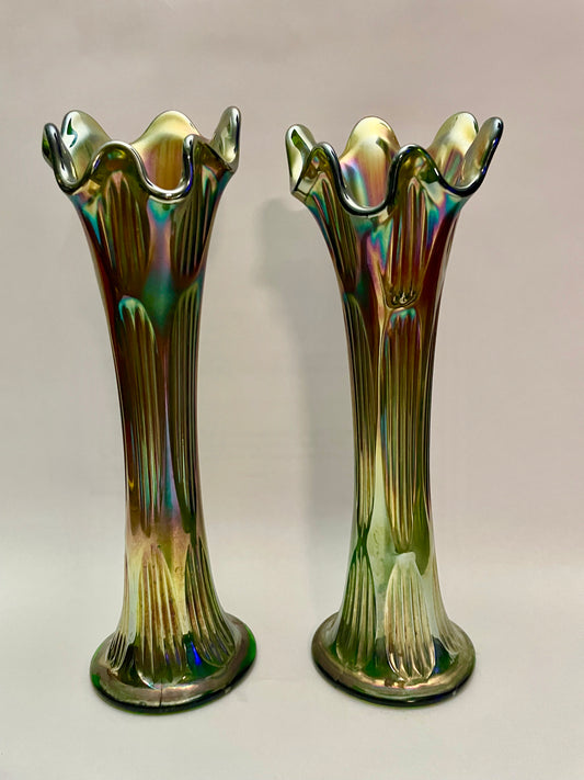 Pair of Green Carnival Glass Vases