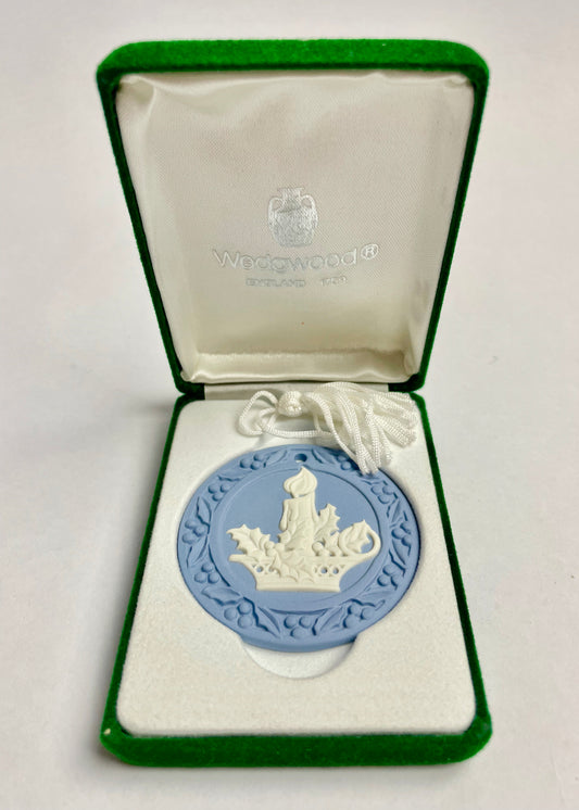 Vintage Wedgwood Blue JasperWare Christmas Candle Holly Boxed Christmas Ornament SIGNED