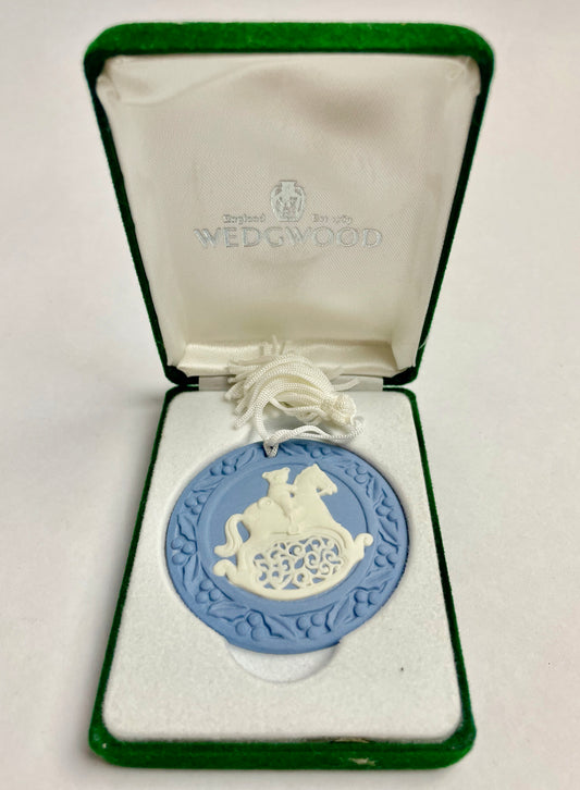 Wedgwood Blue Jasperware Ornament in Box Teddy Bear on Rocking Horse SIGNED