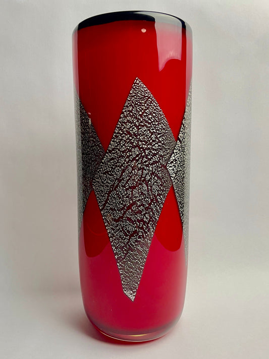 Heavy Red Silver Leaf Foil Inlay Art Glass Vase