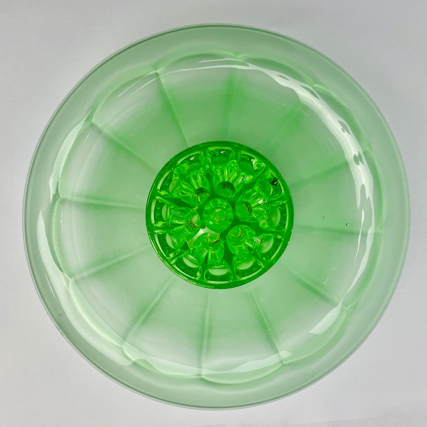 Green Glass Float Bowl with Flower Frog 23cm diameter