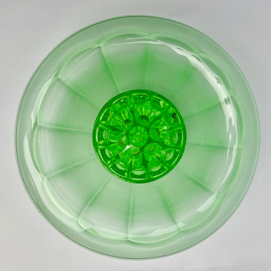 Green Glass Float Bowl with Flower Frog 23cm diameter