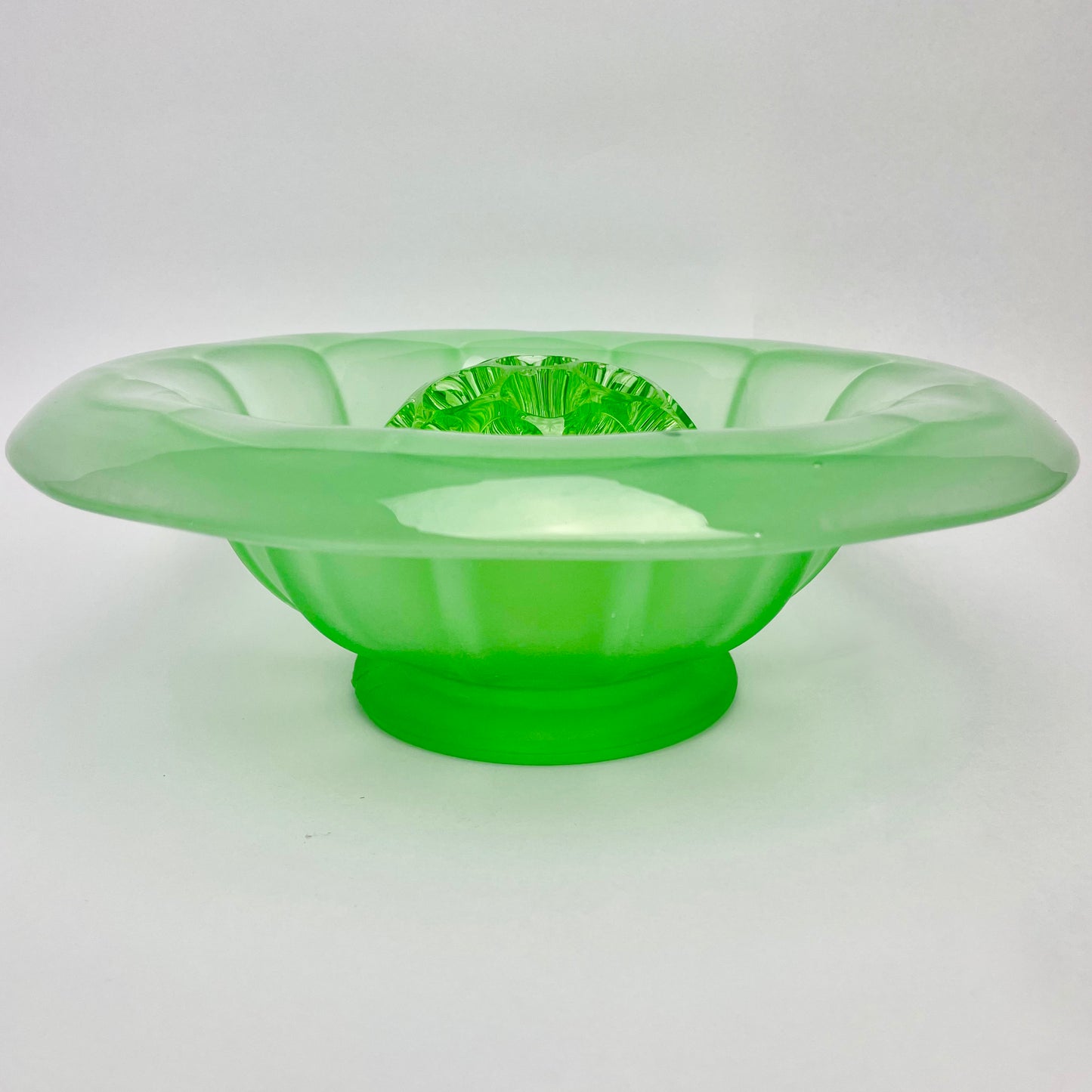 Green Glass Float Bowl with Flower Frog 23cm diameter