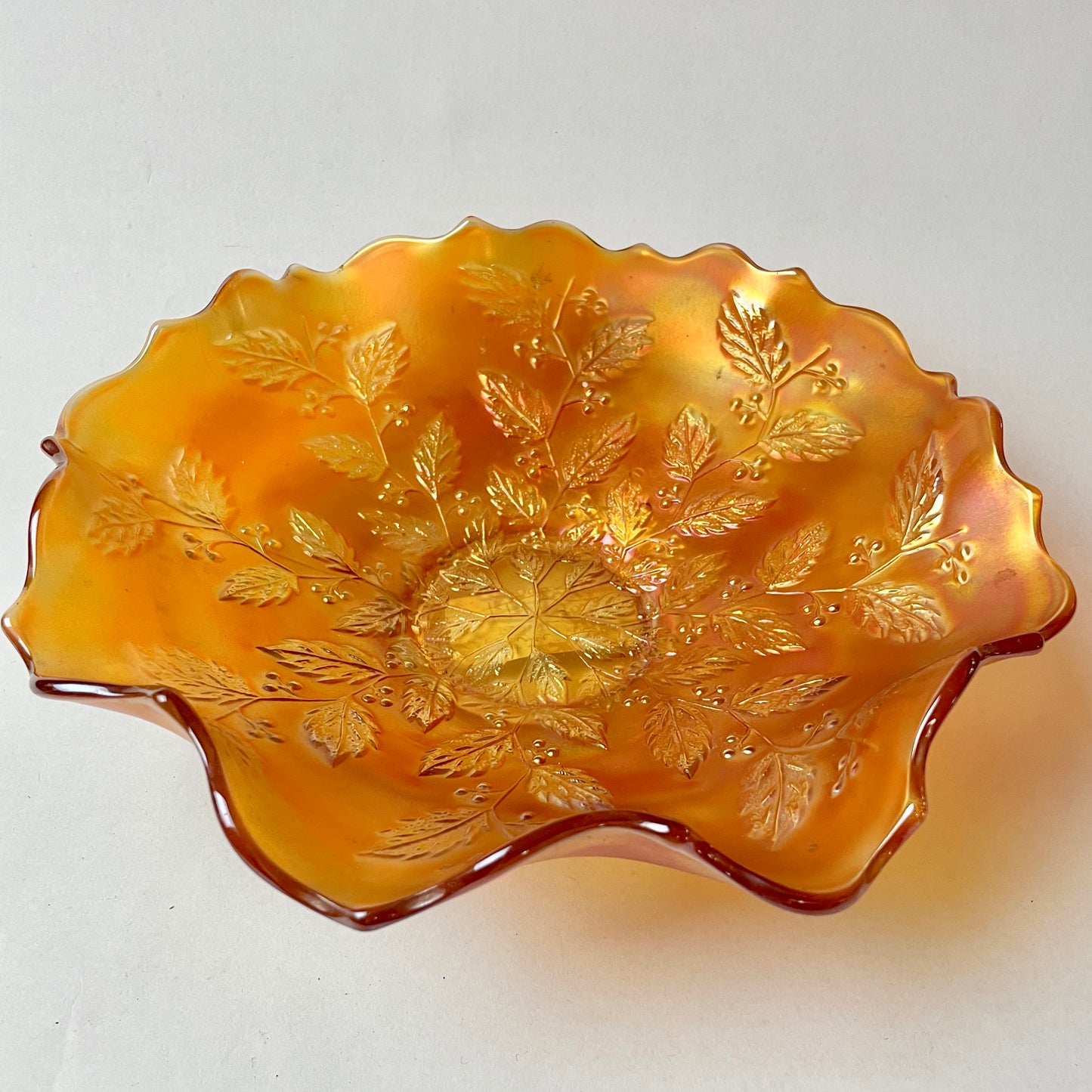 Fenton Carnival Glass Ruffled Bowl Holly Leaf Pattern Marigold Amber