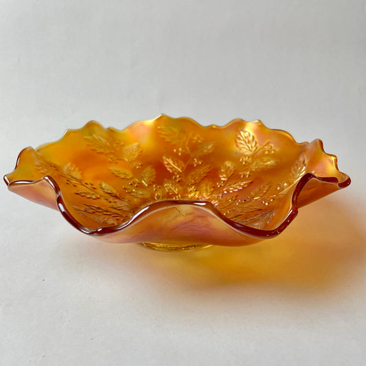 Fenton Carnival Glass Ruffled Bowl Holly Leaf Pattern Marigold Amber