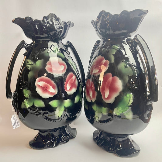 Pair of Large Black Monarch Vases