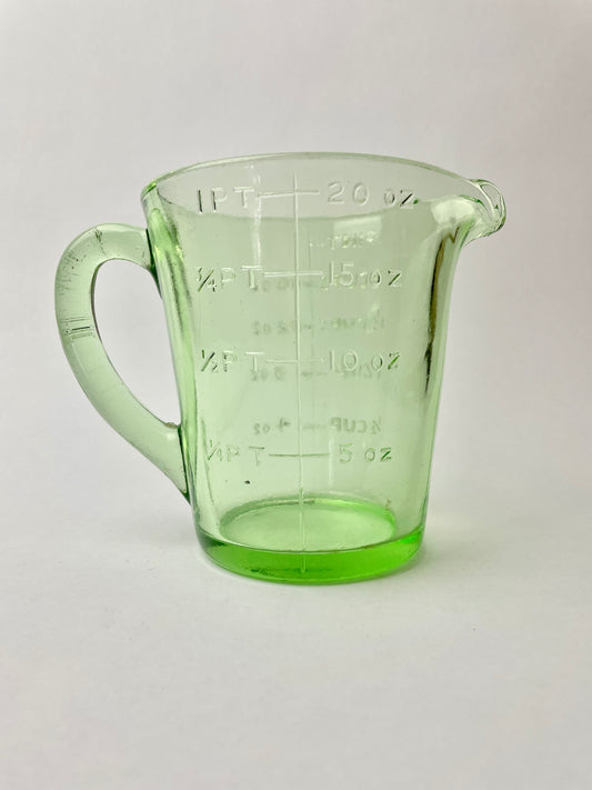 One Pint Green Depression Glass Measuring Jug