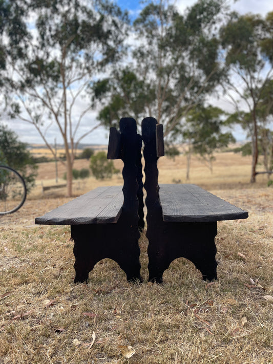 Pair of Ebonised Pine Spanish Monk Benches