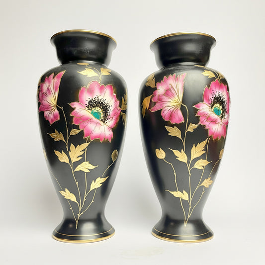 Pair of Hand-Painted Falcon Ware Vases – Floral Design – c1920s – 27cm