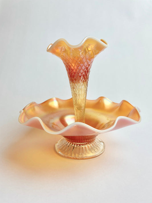 Dugan Carnival Glass Quilt Diamond Marigold Opalescent Single Horn