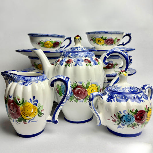 Vintage hand-painted Portuguese china tea set, complete six service in VGC
