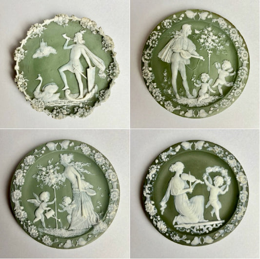 Four Schafer & Vater Jasperware Wall Plaques, c1890