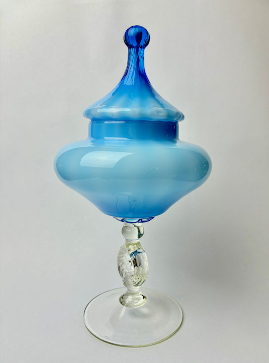 Mid-Century Modern Large Empoli Blue & White Glass Apothecary Circus Tent Top Jar
