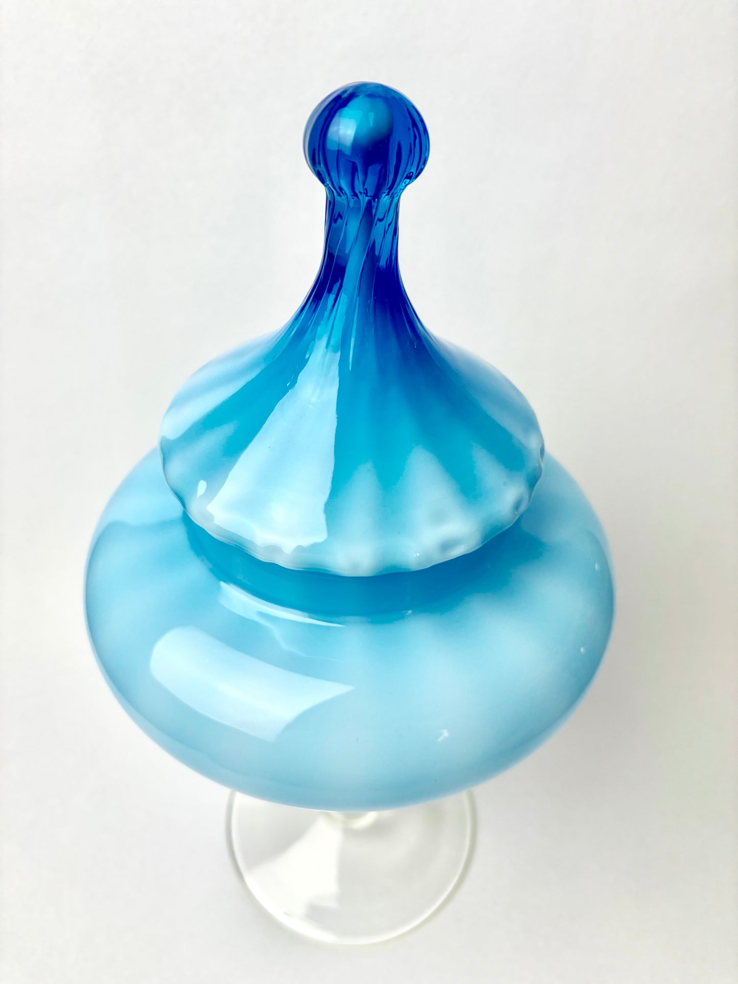 Mid-Century Modern Large Empoli Blue & White Glass Apothecary Circus Tent Top Jar