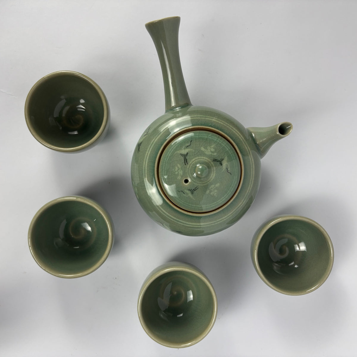 Vintage Korean celadon crane tea set with teapot and four cups