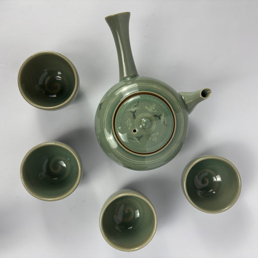 Vintage Korean celadon crane tea set with teapot and four cups