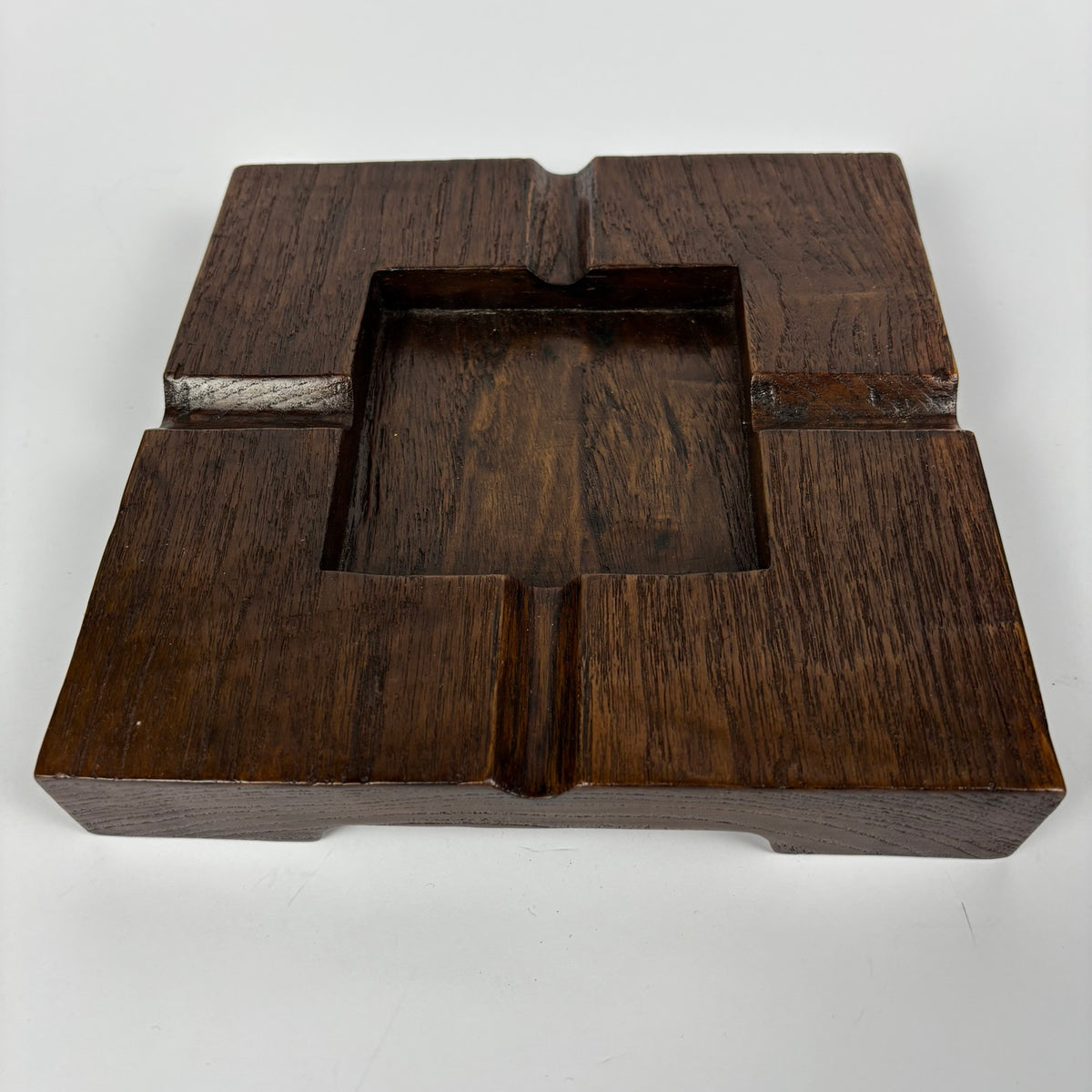 Carved Square Wooden Ashtray with Four Rests, view 1