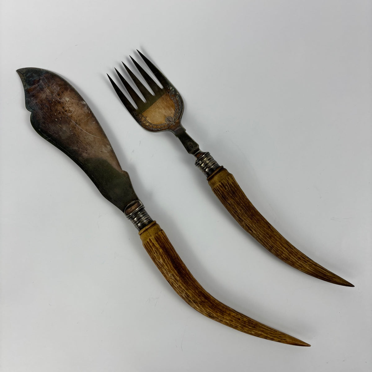Vintage Fish Serving Knife and Fork with Antler Handles, view 1