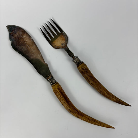 Vintage Fish Serving Knife and Fork with Antler Handles, view 1