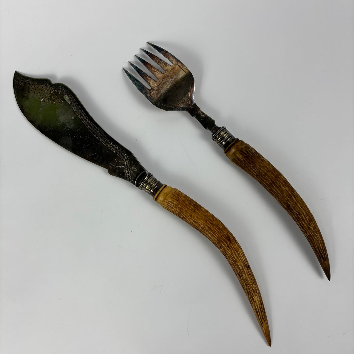 Vintage Fish Serving Knife and Fork with Antler Handles, view 2