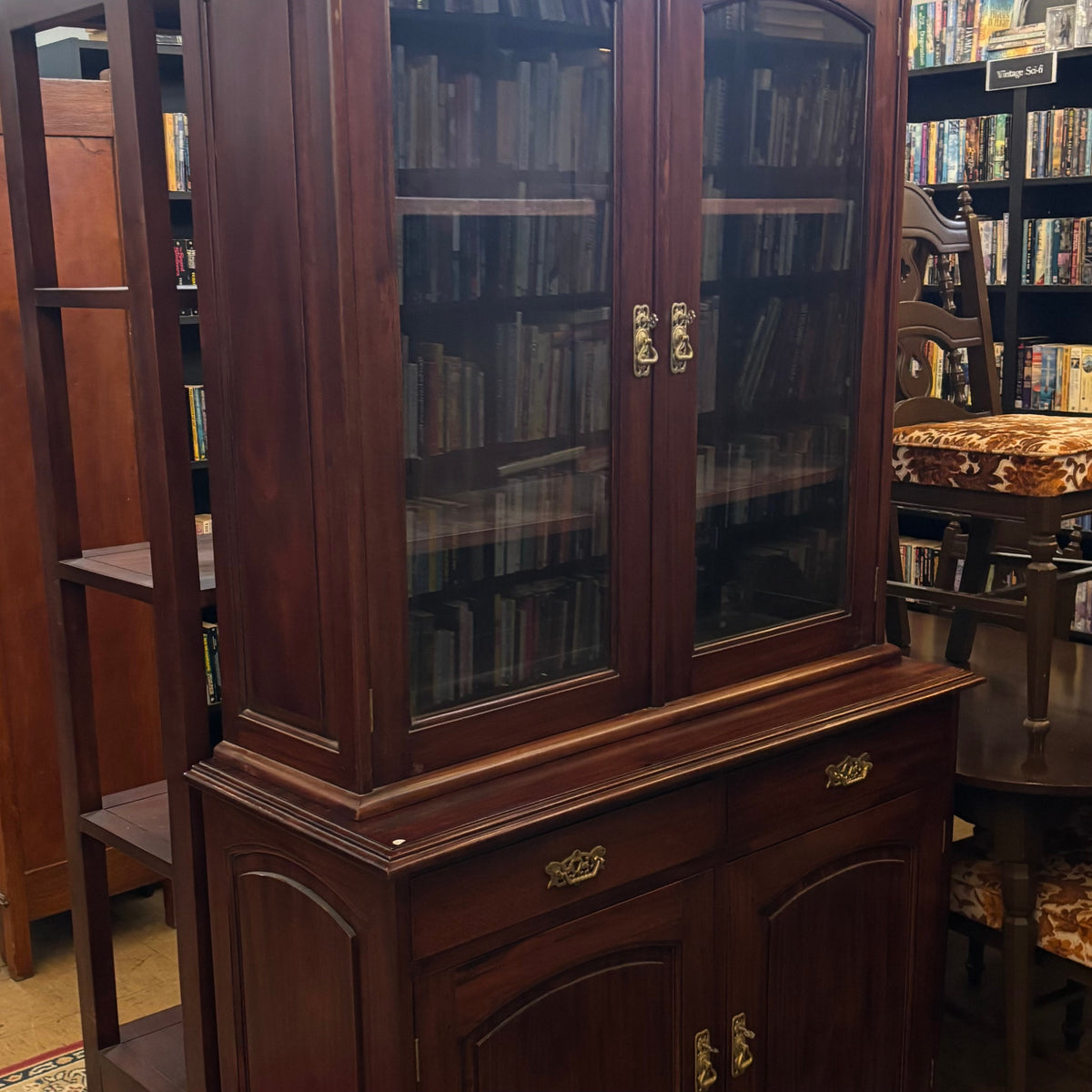 Reproduction Mahogany Glazed Bookcase Display Cabinet with Cupboard