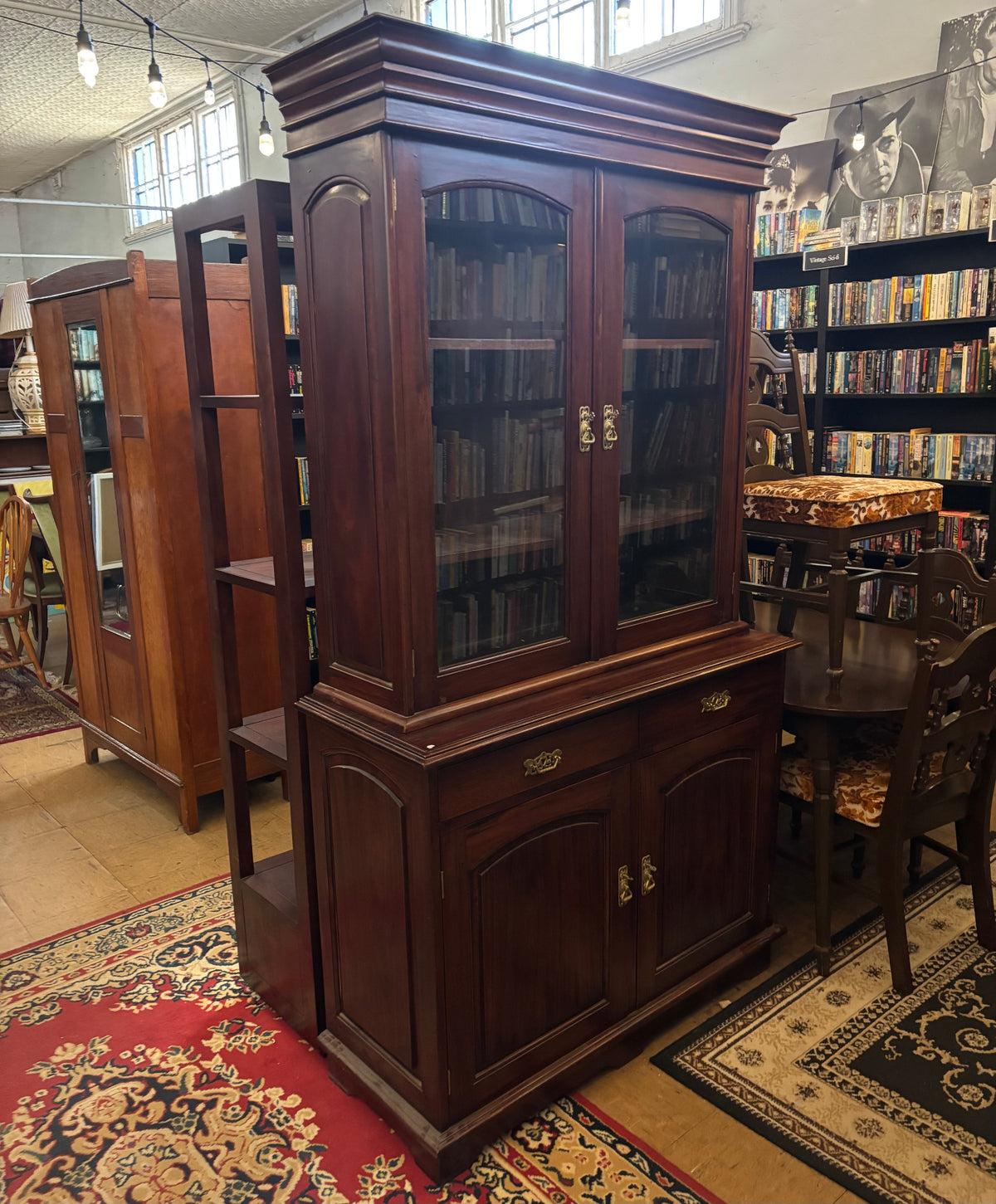 Reproduction Mahogany Glazed Bookcase Display Cabinet with Cupboard