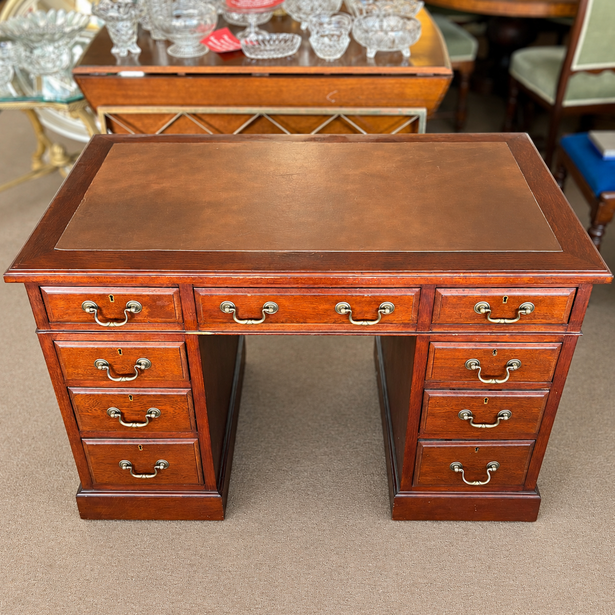 Small Oak Twin Pedestal Desk with Leather Inset Top
