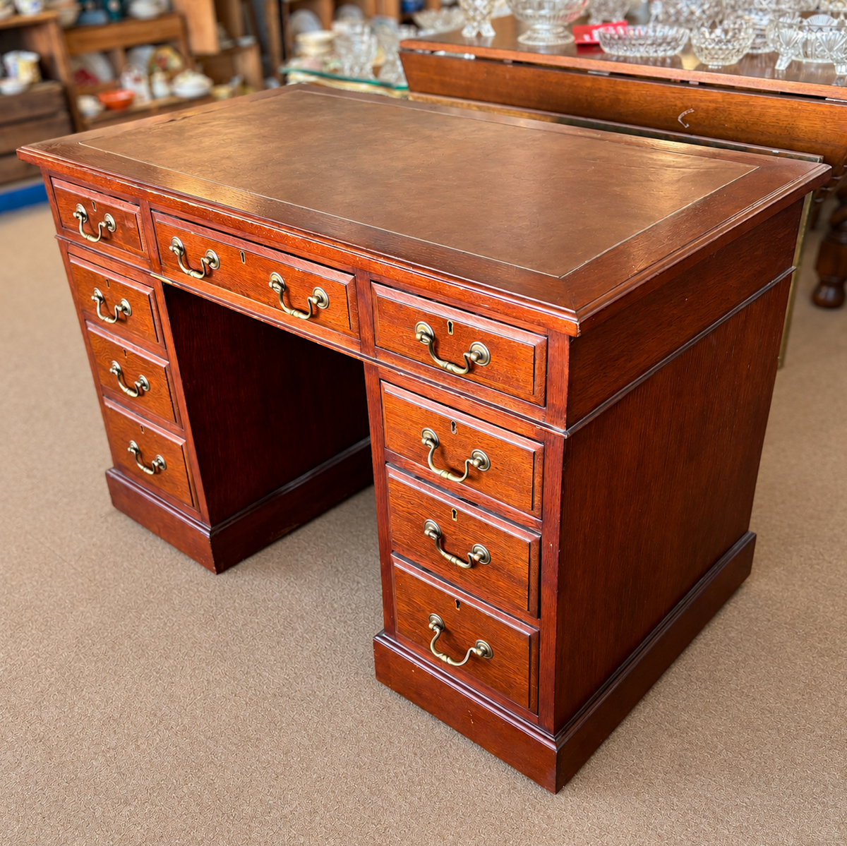 Small Oak Twin Pedestal Desk with Leather Inset Top