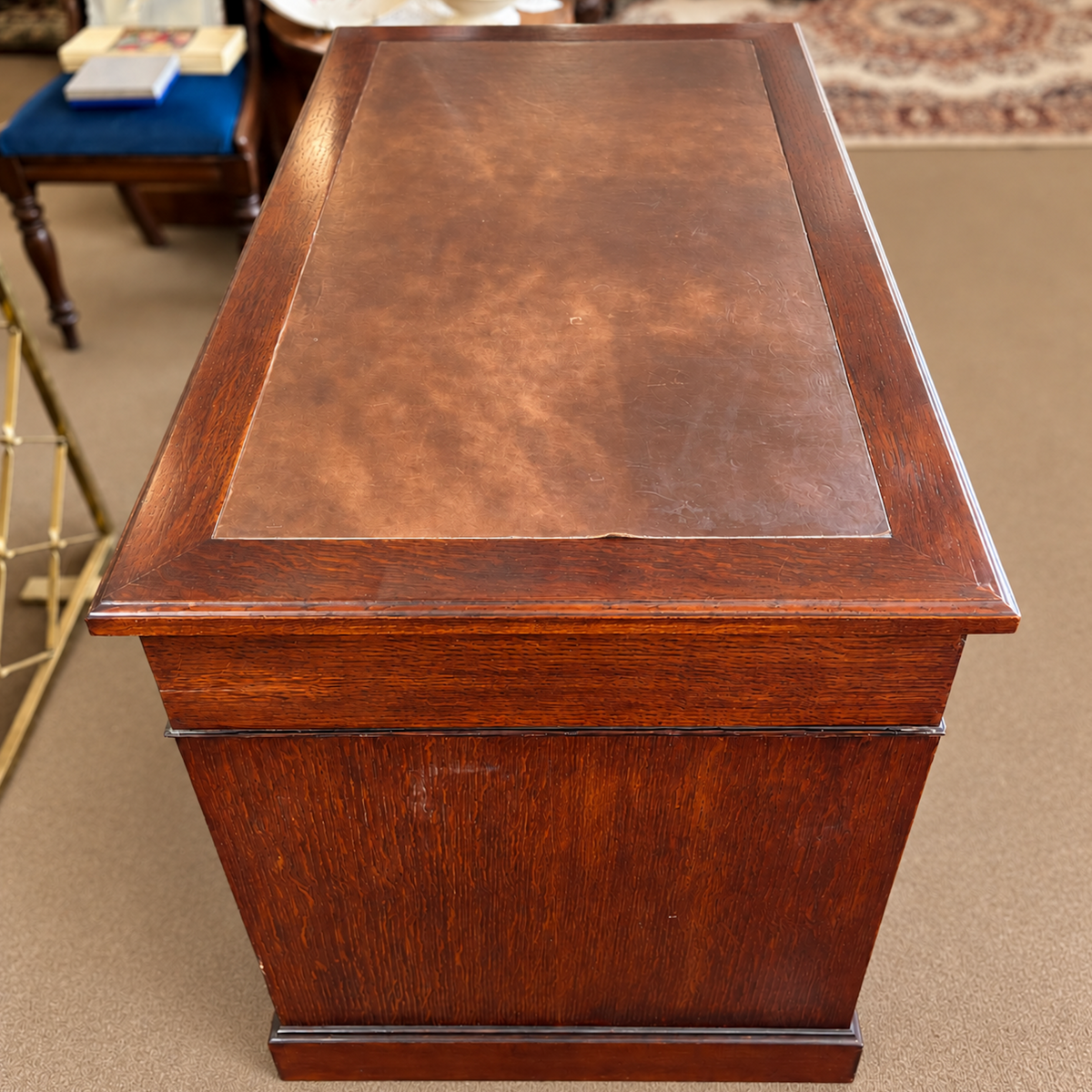 Small Oak Twin Pedestal Desk with Leather Inset Top